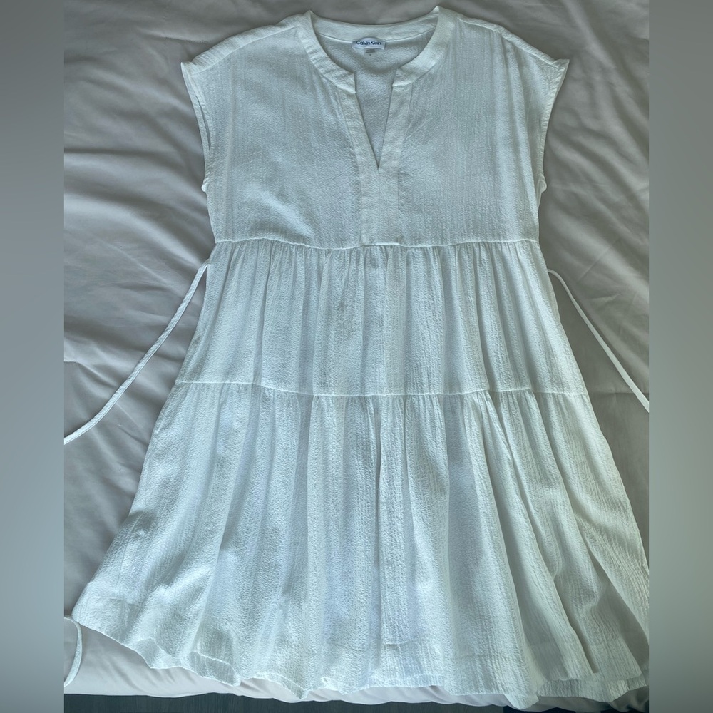 Calvin Klein Linen Short Sleeve Tiered V Neck Midi Dress With Pockets Size 10
